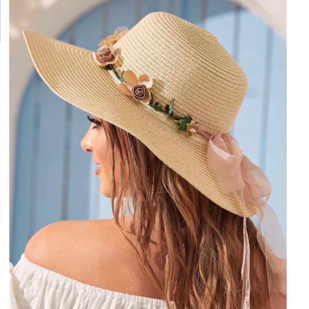 Beige straw hat with romantic flowers Boho Beach/festival wide brim one size